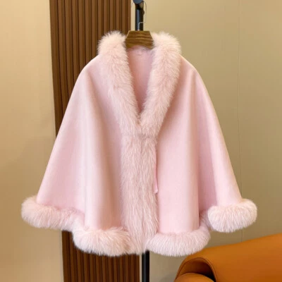 Poncho para mujer cuello de piel de zorro chal de lana abrigo corto boda piel capa envoltura Foto 1 de 4