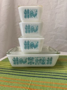 Vtg Pyrex Turquoise Amish Butterprint Refrigerator Dish Set of 4 (8-Pcs.) (C) - Picture 1 of 22