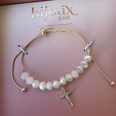 NUEVO Brazalete Cruz Bijoux Bar Oro Rosa Bonito Perla Rosa Cuentas Estrás En Caja Foto 1 de 4
