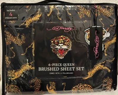 Ed Hardy Queen Sheet Set 6-Piece Black and Tiger Print Soft New In Package - Image 1 of 4