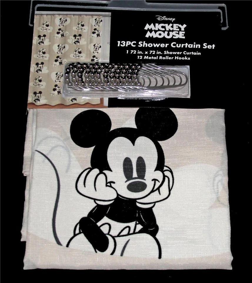 13 piezas Mickey & Minnie Mouse en corazones sombríos cortina de ducha y ganchos enrollables plateados Foto 1 de 1