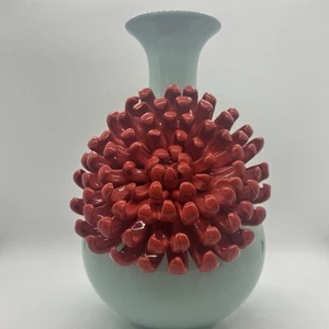 Anthropologie Chrysanthemum 3D Flower Vase Aqua Blue & Red 9" Tall Ceramic Home  - Picture 1 of 7