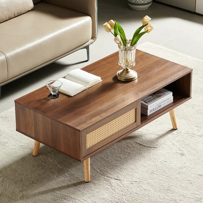 Mesa de centro de ratán PE, puerta corredera para almacenamiento, patas de madera maciza, mesa moderna para Foto 1 de 4