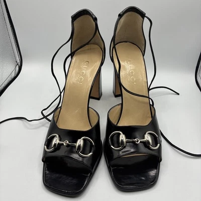 Vintage GUCCI black Leather 7.5 B Italy Buckle Horsebit Women’s Unworn Heel - Image 1 of 4