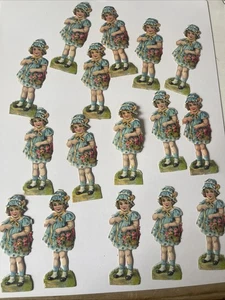 16 Vintage viktorianische Osterkarten, kleines Mädchen mit Haube trägt Blumen 1”x3” - Bild 1 von 1