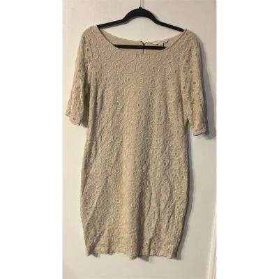 Banana Republic Beige Lace Sheath Dress Knee Length Short Sleeve Women's Sz 14 - Image 1 of 4