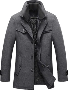 Men'S Gentle Layered Collar Single Breasted Quilted Lined Wool Blend Pea Coats - Picture 1 of 4