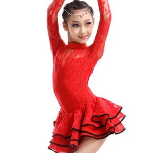 New Girls' Party Dancing Dress Latin Costume long sleeve Lace,110cm-120cm,Red - Picture 1 of 2
