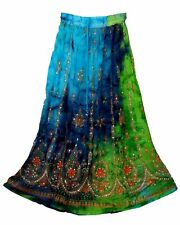 Indian Green Multi Yoga Trend Women Sequined Crinkle Broomstick Gypsy Long Skirt