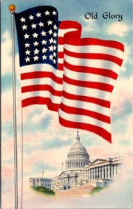 Old Glory 48 Star US Flag Washington DC Scene Tichnor c1940 Linen postcard HQ14 - Picture 1 of 2