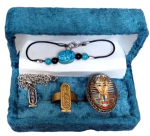 4 PIECES ANTIQUE PHARAONIC STYLE JEWELRY, 2 RINGS+NECKLACE+BRACELET, BC EGYPTIAN - Picture 1 of 13