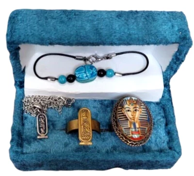 4 PIECES ANTIQUE PHARAONIC STYLE JEWELRY, 2 RINGS+NECKLACE+BRACELET, BC EGYPTIAN - Изображение 1 из 4