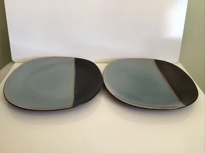 Juego de 2 ~ Platos de Cena Cuadrados Gibson Elite Volterra Azul y Negro/Marrón Rayas Foto 1 de 4