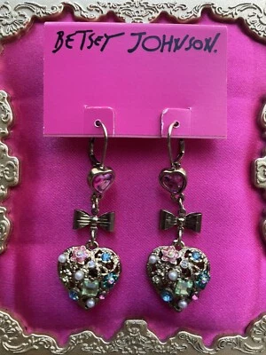 Betsey Johnson Vintage Fairyland Embellished Puff Heart Flower Bow Earrings RARE - Image 1 of 3