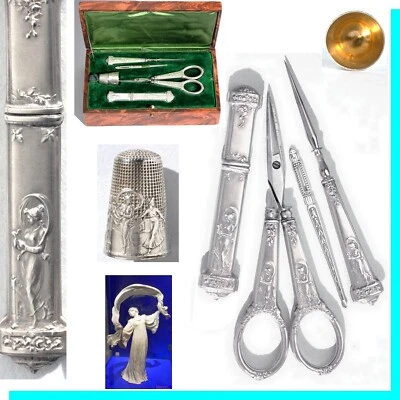 Ancien nécessaire de couture ART NOUVEAU ARGENT Ciseaux brodeuse Coffret couture - Photo 1/4