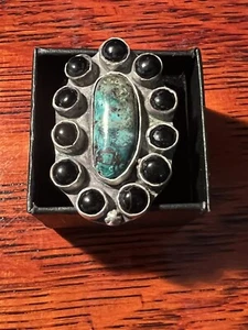 HUGE CARICO LAKE & BLACK ONYX~ PETITPOINT-CLUSTER~ RING~STERLING - Picture 1 of 5