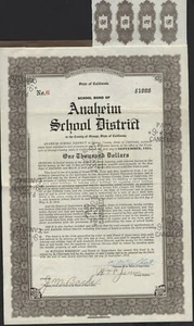 $1000 ANAHEIM SCHOOL DISTRICT BOND 1919 - Picture 1 of 1