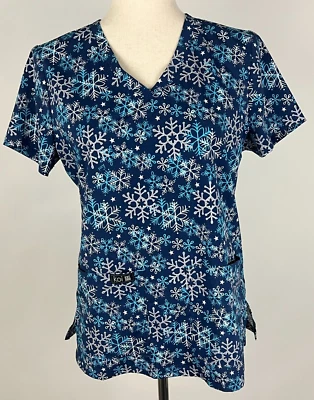 KOI Basics 'Leslie' S/S Soft Stretchy SNOWFLAKES Scrub Top - S, Navy Turq Silver - Image 1 of 4