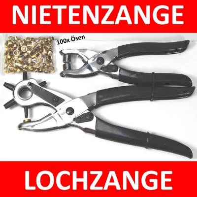 QMBASIC LEDER Loch- und Nietenzange + 100 Nieten Ösenzange Revolverloch Zange -2011