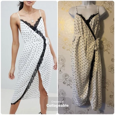 Vestido ASOS Talla 4 Blanco Lunares Sin Mangas Largo Midi Envolvente Encaje Correa Espagueti 53 Foto 1 de 4