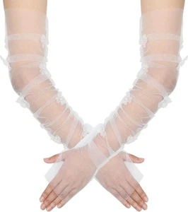 Guantes largos acanalados sin dedos para mujer con perla de tul transparente flor blanca - Imagen 1 de 3