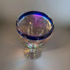 Vintage schwere mexikanische recycelte mundgeblasene Weinkelche türkis blauer Rand - Bild 1 von 3