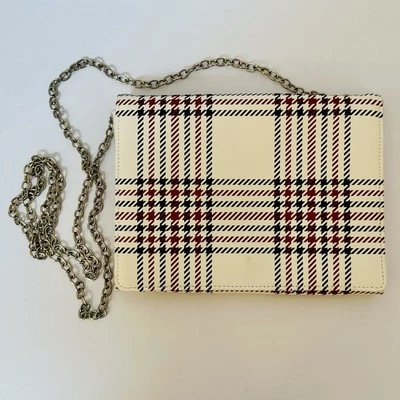Bolsa tiracolo Brooks Brothers feminina de lã vermelha envelope de couro xadrez nova com etiqueta - Imagem 1 de 4
