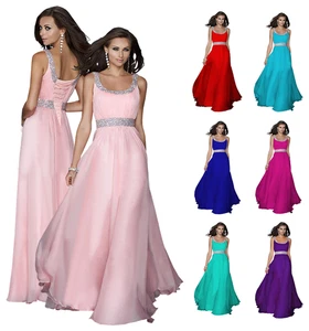 Long Chiffon Maxi Sleeveless Prom Party Evening Wedding Dress Lace Back Beaded - Picture 1 of 10