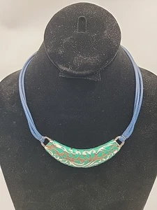 Bib Necklace ~ Handmade Blue Leather Wax Rope ~ Nickel Mint Aqua - Picture 1 of 6