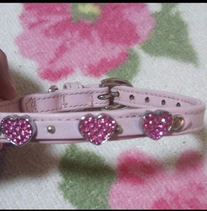 Birdie Heart Charm Dog Collar Baby Pink Rhinestone Leather Small Dogs 32cm - Picture 1 of 2
