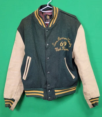 Vintage 1969 Varsity Jacket Tan Leather Green Wool With Yellow Accents Hip Cool - Image 1 of 4