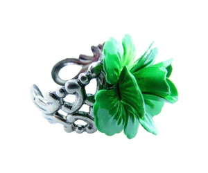 Vintage Inspired Women's Green Enamel Rose Silver Filigree Ring Adjustable - Imagen 1 de 10