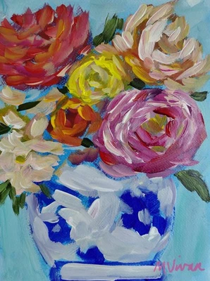 Pintura Fine Art MONA VIVAR Original 12x9 Buquê de Flores Rosas Impressionismo - Imagem 1 de 4