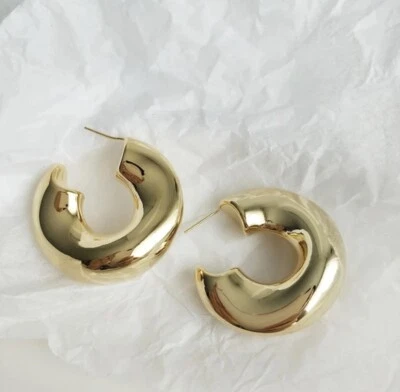 14K Gold Plated M Hoop Earrings for Women, Gold Chunky Hoops, Gold Huggie - Image 1 of 4