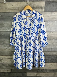 Zara Smock Mini Dress Size Small White Blue Abstract Floral Print Blogger Fave! - Picture 1 of 9