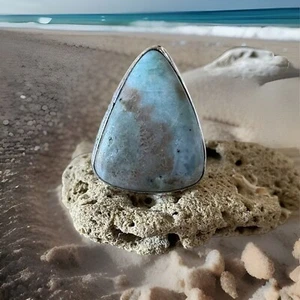 Size 9 Larimar Gemstone Ring - Sterling Silver 925 plated -New - Foto 1 di 4