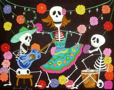 Day of the Dead Original Art - Ink Drawing Dancing Skeleton & Skeleton Musicians - Image 1 of 3