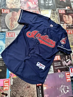 Vintage Majestic Cleveland Indians Chief Wahoo Jersey Men 52 Blue Sewn Patch 2XL - Image 1 of 4