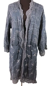 Johnny Was Kimono Gray Jacket Rayon Pockets Houses Birds Lace Ecatarina XS - Picture 1 of 15