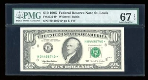 DBR 1995 $10 FRN St. Louis STAR Superb Gem Fr. 2032-H* PMG 67 EPQ S# H04498740* - Picture 1 of 2