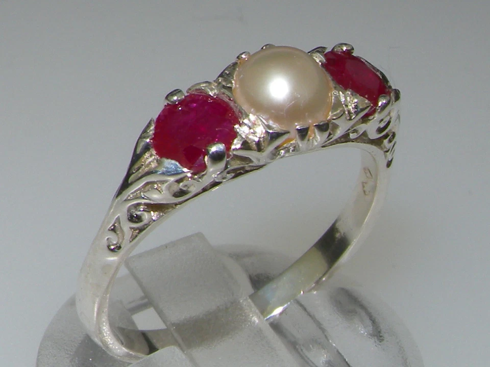 Luxury Solid 10K White Gold Natural Ruby and Cultured Pearl Trilogy Ring - Image 1 of 1