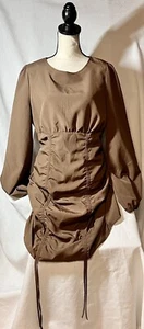 Pretty Little Thing NWT Chocolate Brown Ruched Long Sleeve Bodycon Dress Size 14 - Picture 1 of 6