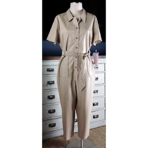 NWT New $178 Anthropologie Avec Les Filles Beige Cindy Faux Leather Jumpsuit XLP - Picture 1 of 9