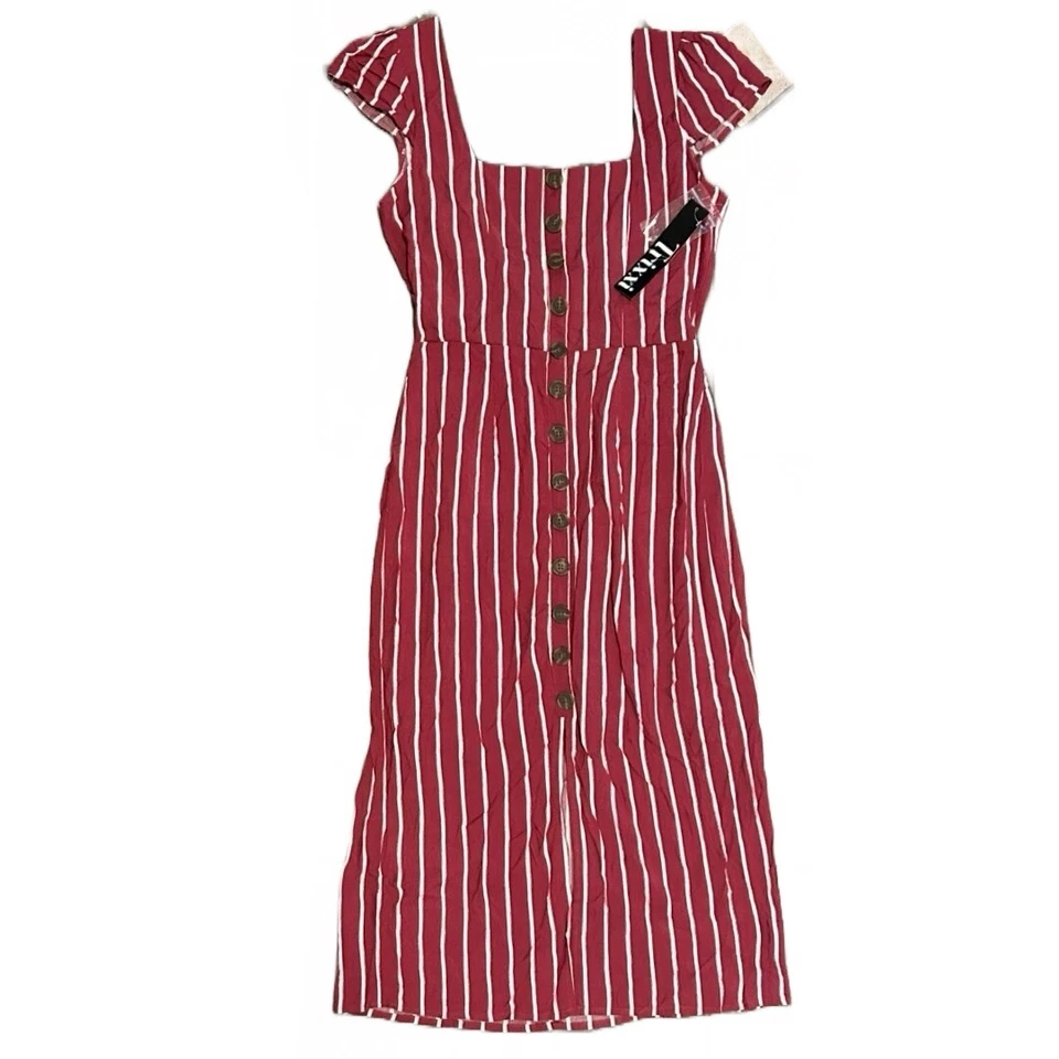 Trixxi Back Cut Out Stripe Button Down Scoop Neck Cap Sleeve Maxi Dress M NWT - Image 1 of 4
