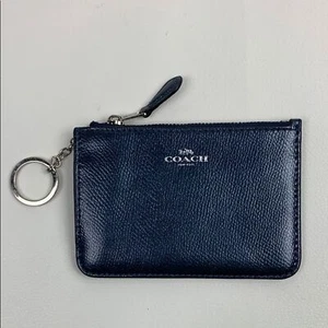Coach leather metallic Navy Blue Keychain cardholder Pouch wallet Silver Zip - Picture 1 of 9