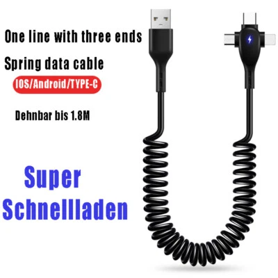 USB Kable Typ-C Micro iPhone Handy Auto Ladekabel Schnellladekabel Spiralkabel - Bild 1 von 4