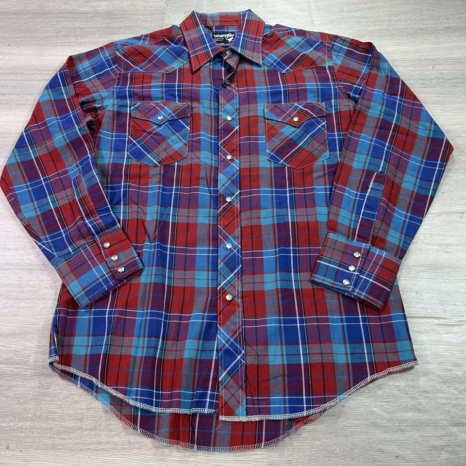 VINTAGE Wrangler Cowboy Cut Shirt Mens 16x34 Plaid Western Pearl Snap Made USA - Image 1 of 4