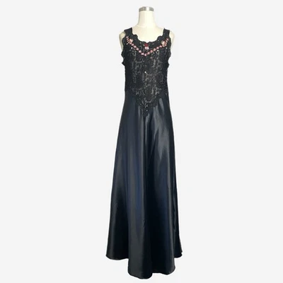 Vintage 90s Lacy Afternoon black lace satin negligee beaded rosette coquette M - Image 1 of 4