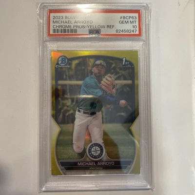 🔱 Michael Arroyo 2023 Bowman Chrome Prospects BCP-63 YELLOW REFRACTOR /75 PSA10 - Image 1 of 2