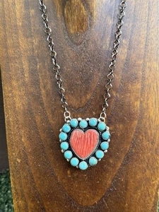 Navajo Sterling Silver Spiny Oyster Heart Turquoise Cluster Chain Necklace CY - Picture 1 of 12